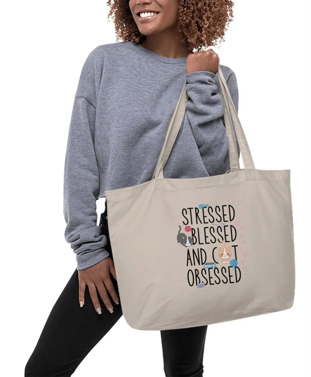 Stressed Blessed and Cat Obsessed Tote Bags