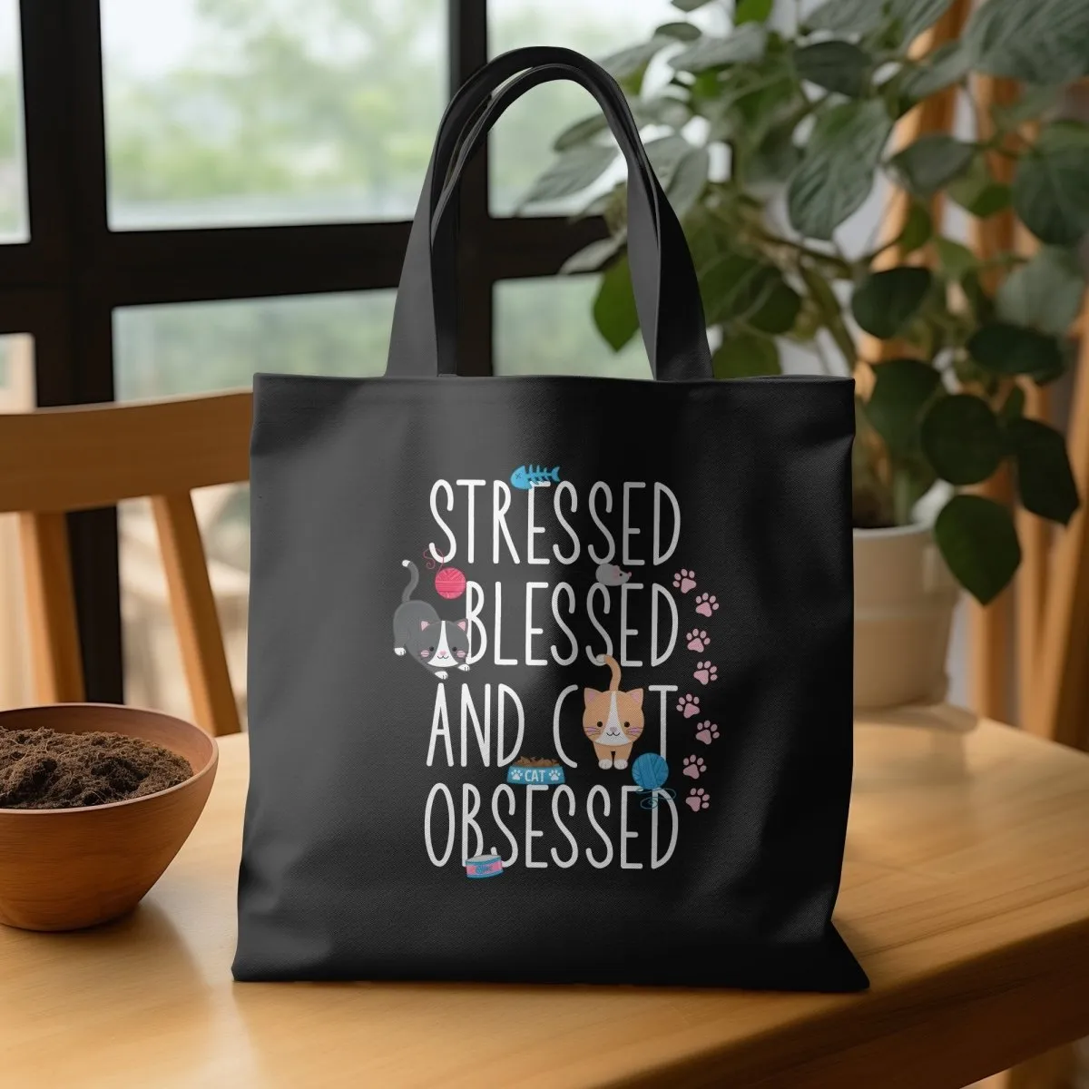 Stressed Blessed and Cat Obsessed Tote Bags
