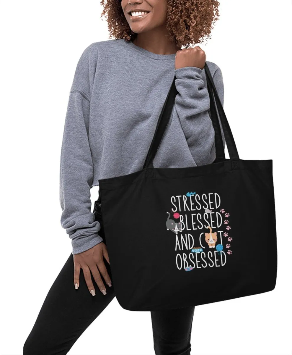 Stressed Blessed and Cat Obsessed Tote Bags