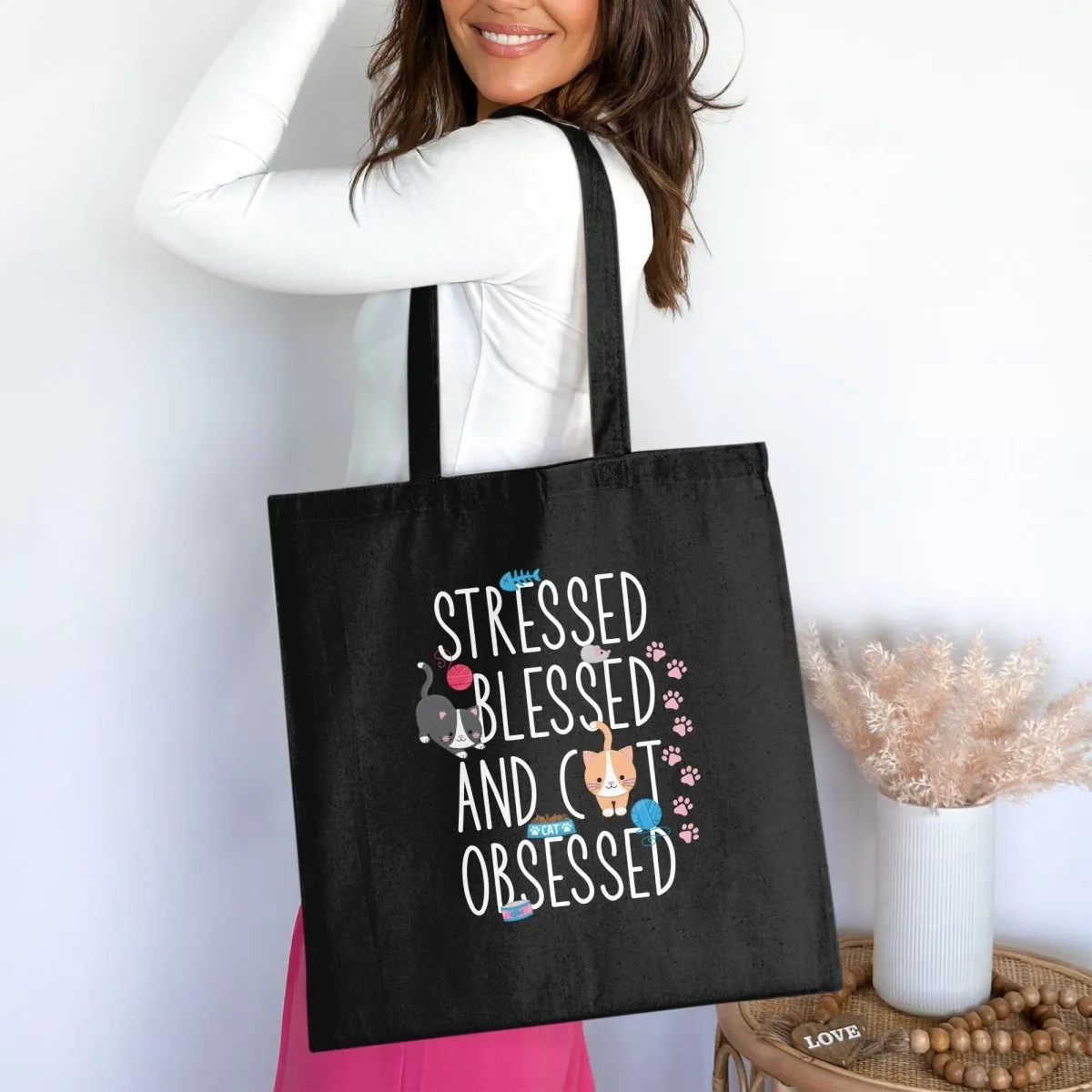 Stressed Blessed and Cat Obsessed Tote Bags