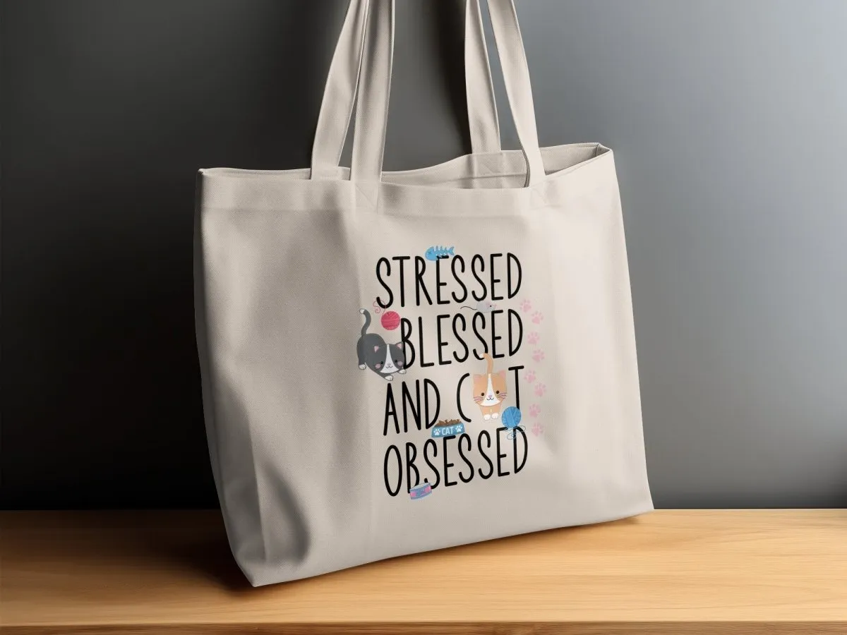 Stressed Blessed and Cat Obsessed Tote Bags