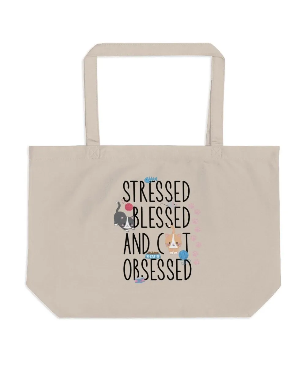 Stressed Blessed and Cat Obsessed Tote Bags