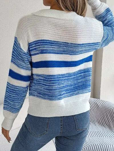 Striped Collared Neck Long Sleeve Sweater (3 Colors)