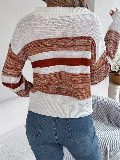 Striped Collared Neck Long Sleeve Sweater (3 Colors)
