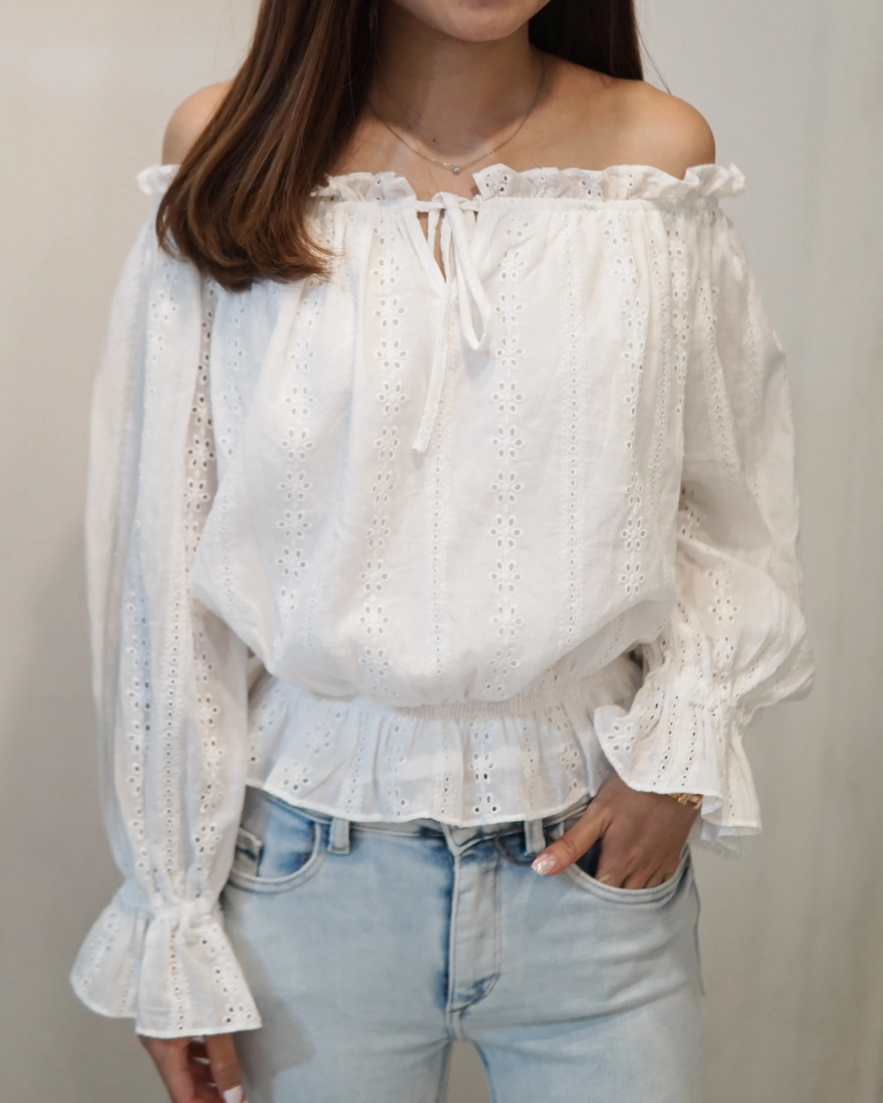 Striped Eyelet Off-the-Shoulder Top