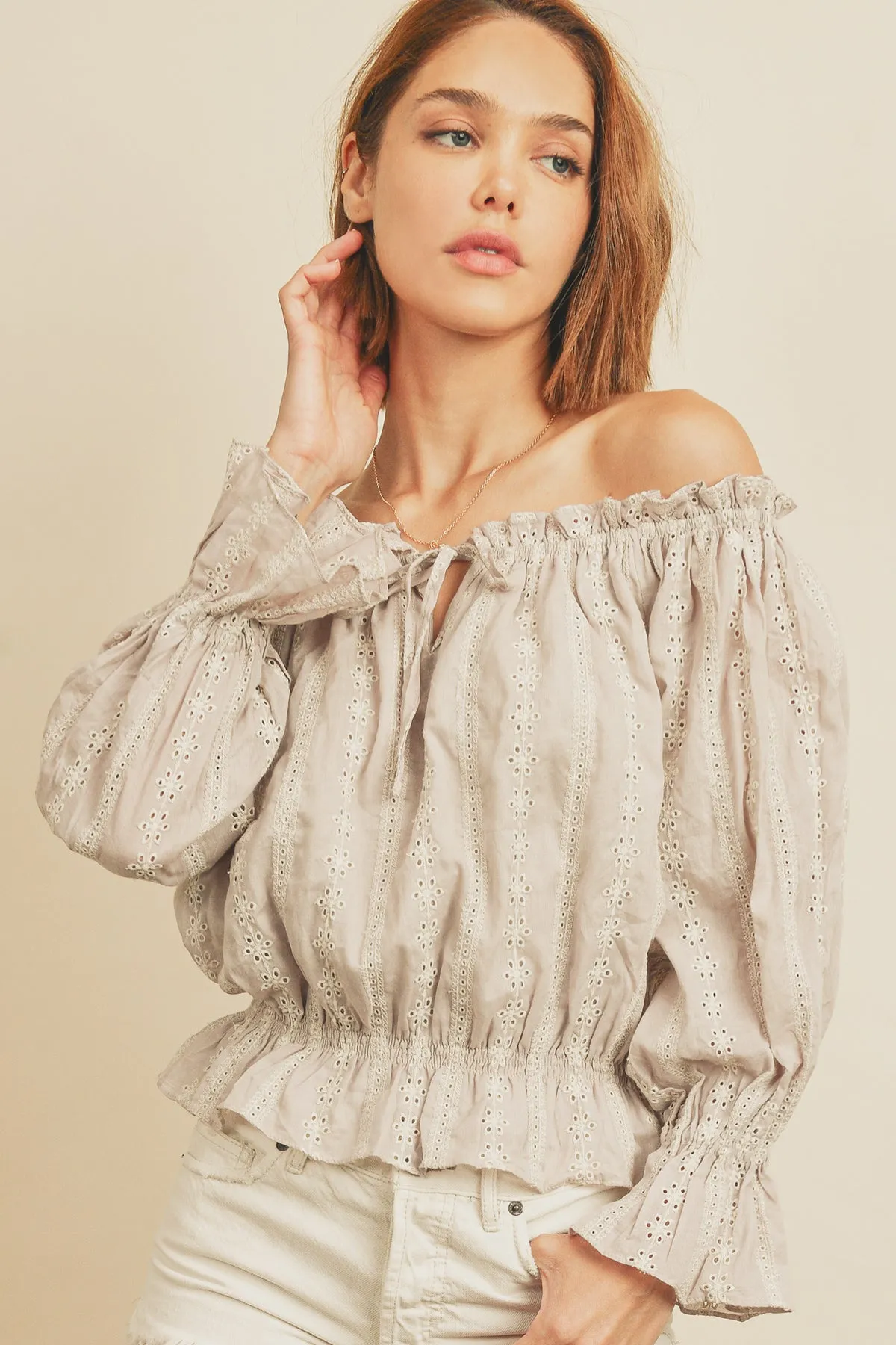 Striped Eyelet Off-the-Shoulder Top