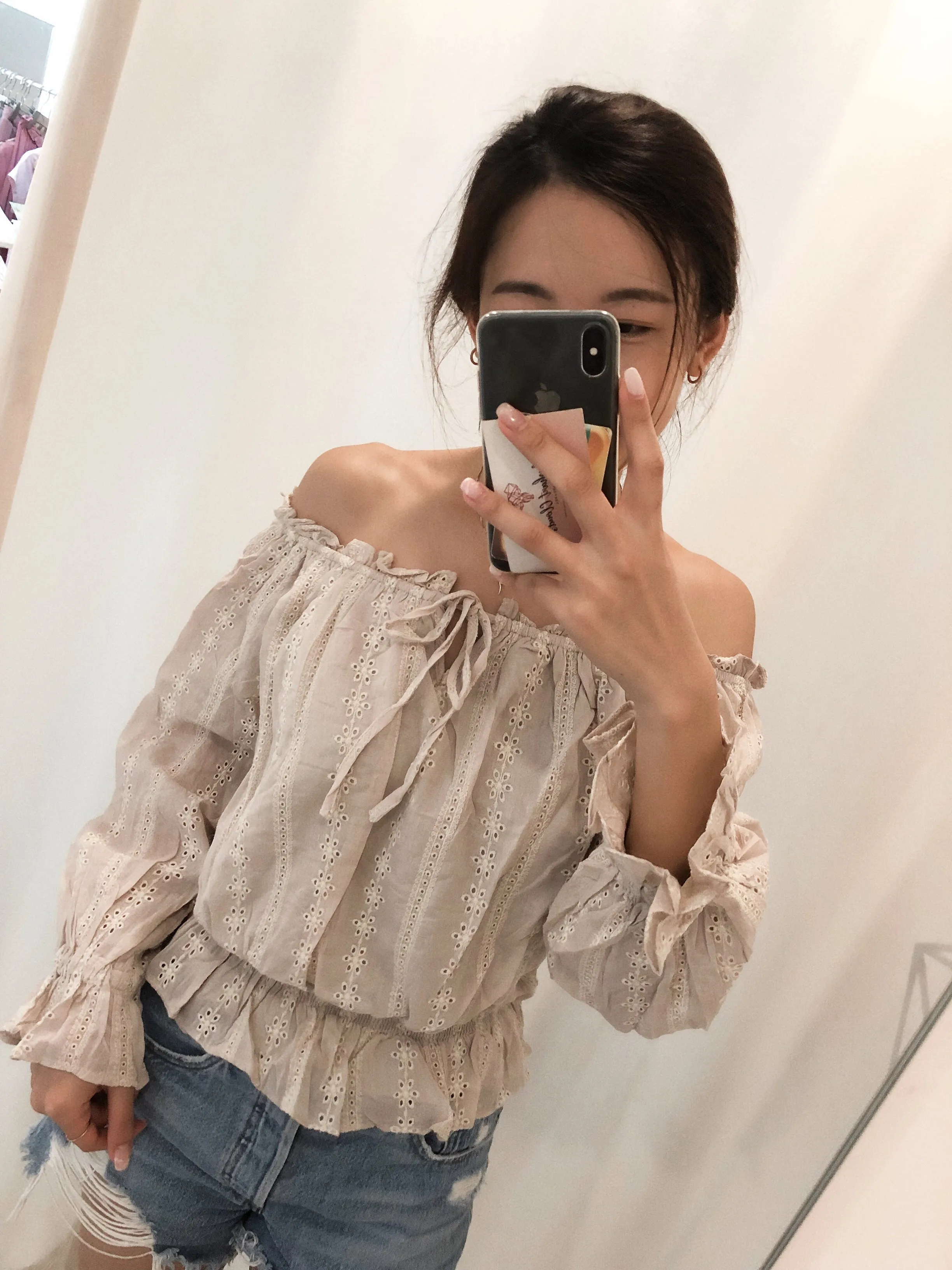 Striped Eyelet Off-the-Shoulder Top