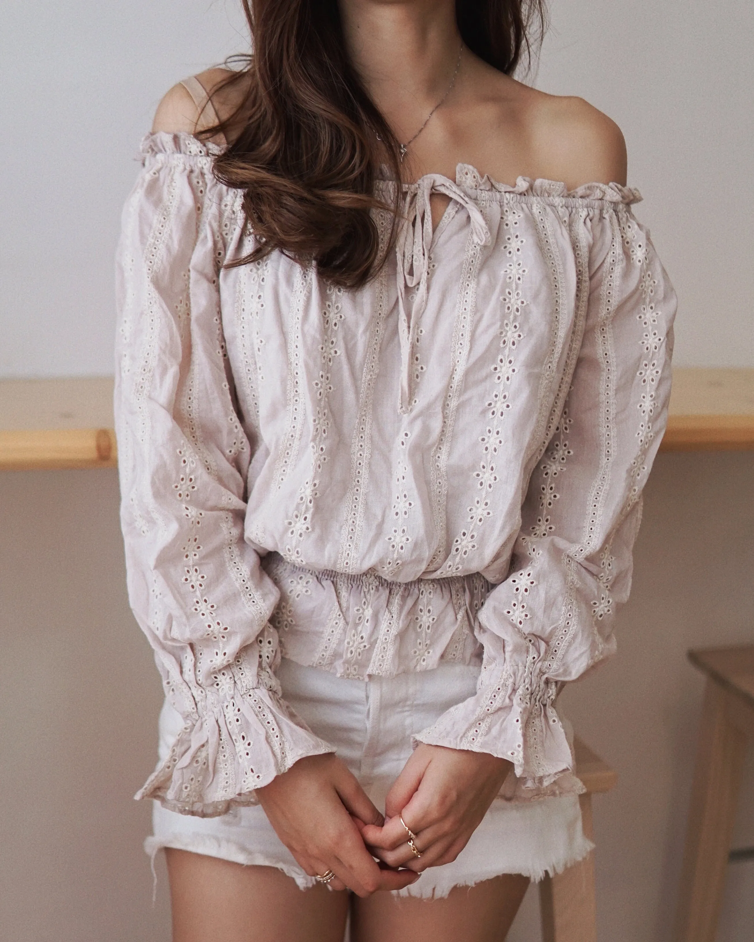 Striped Eyelet Off-the-Shoulder Top