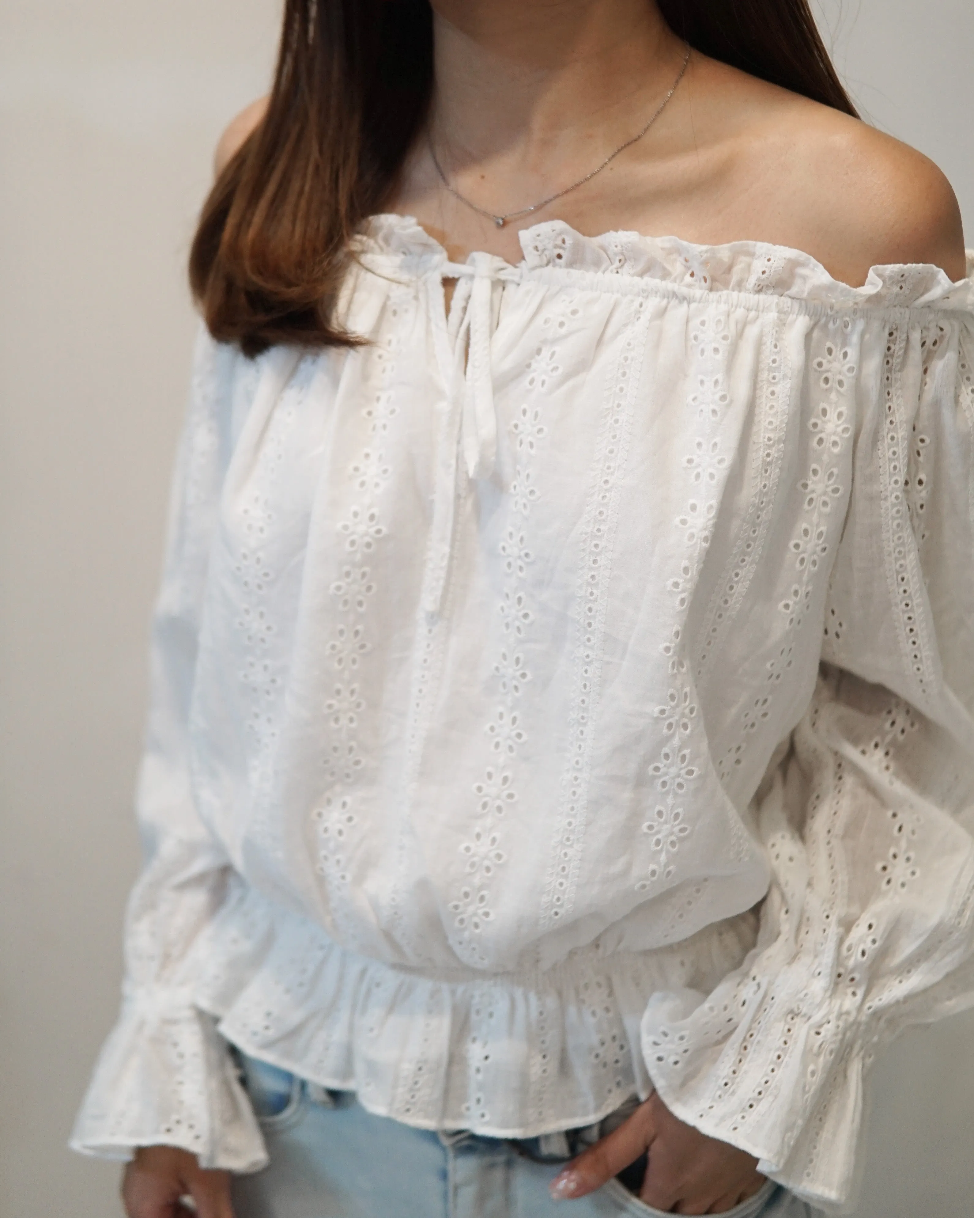 Striped Eyelet Off-the-Shoulder Top