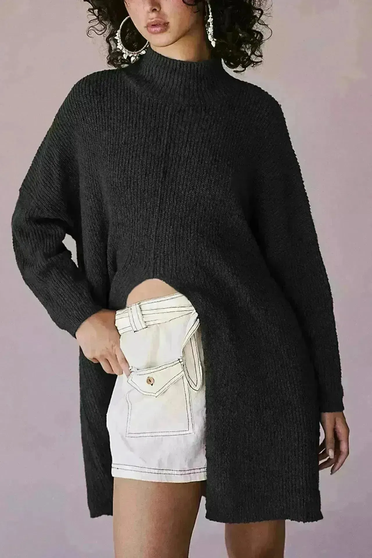 Stylish Cashmere Pullover Front Split Winter Tunic tops for Women