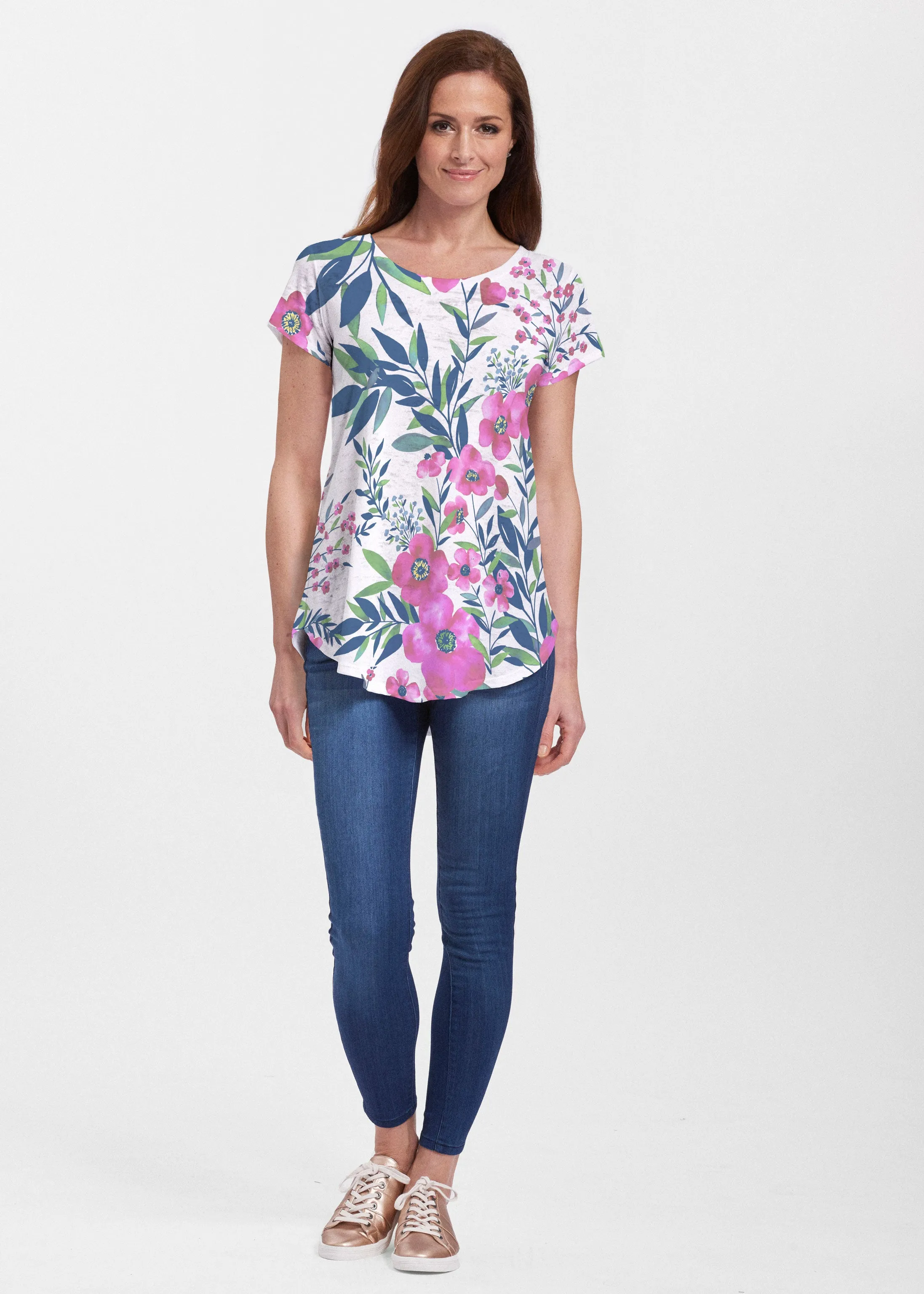 Summer Floral (13423) ~ Signature Short Sleeve Scoop Neck Flowy Tunic