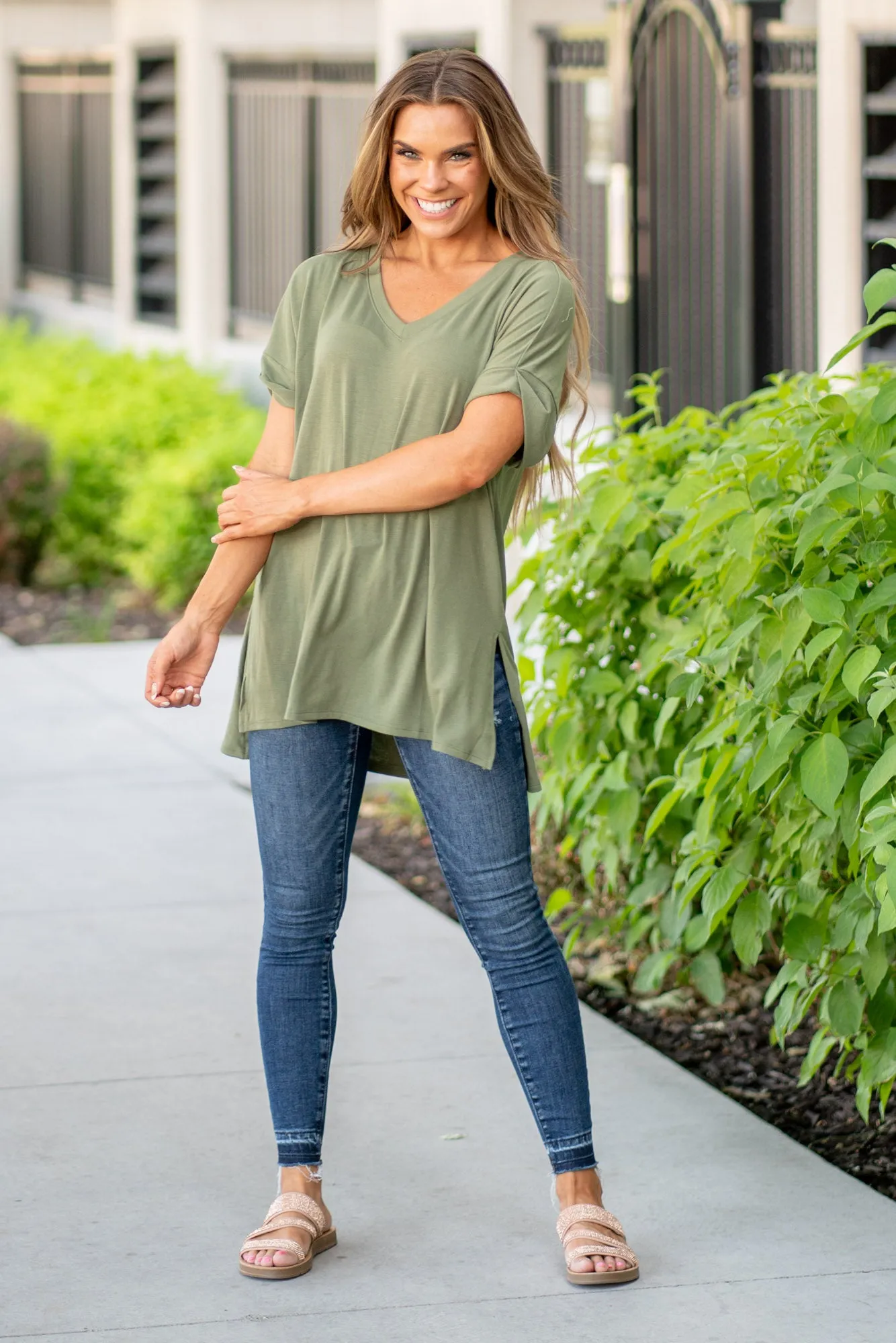 Super Soft Tee High Low Hem V Neck Top - Lt Olive
