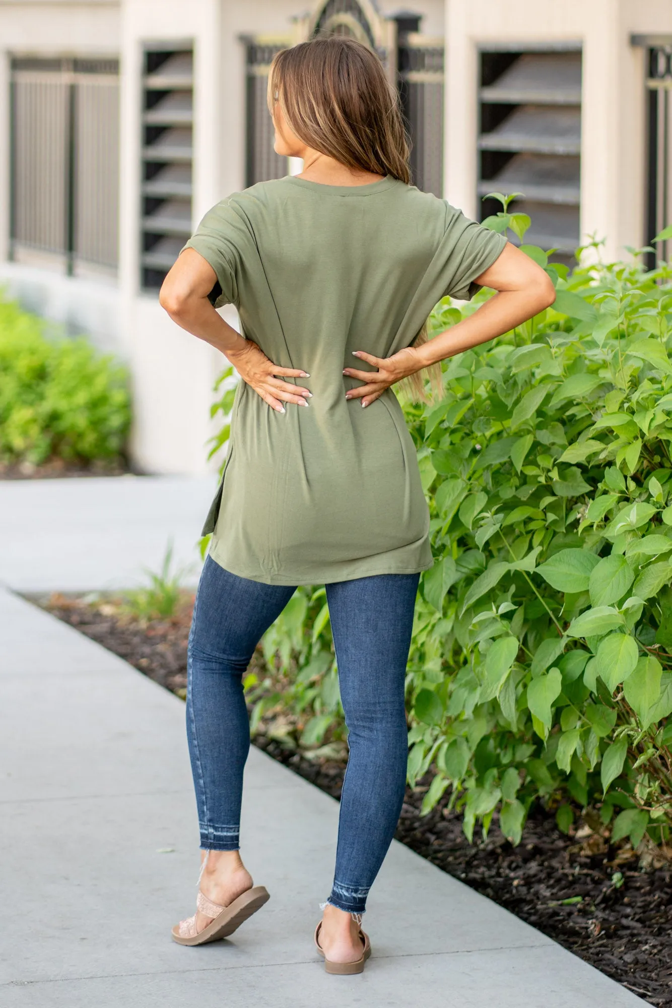 Super Soft Tee High Low Hem V Neck Top - Lt Olive