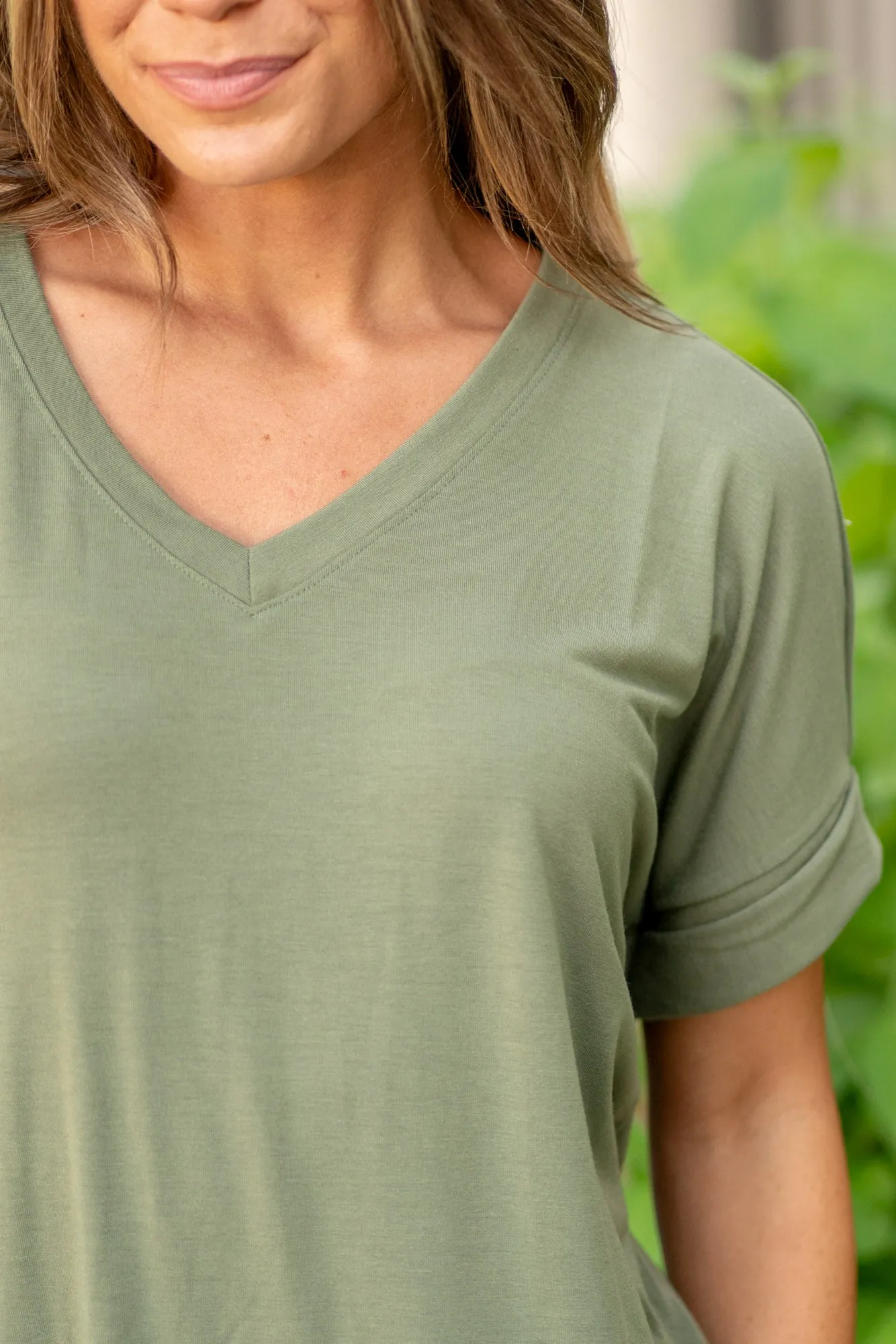 Super Soft Tee High Low Hem V Neck Top - Lt Olive