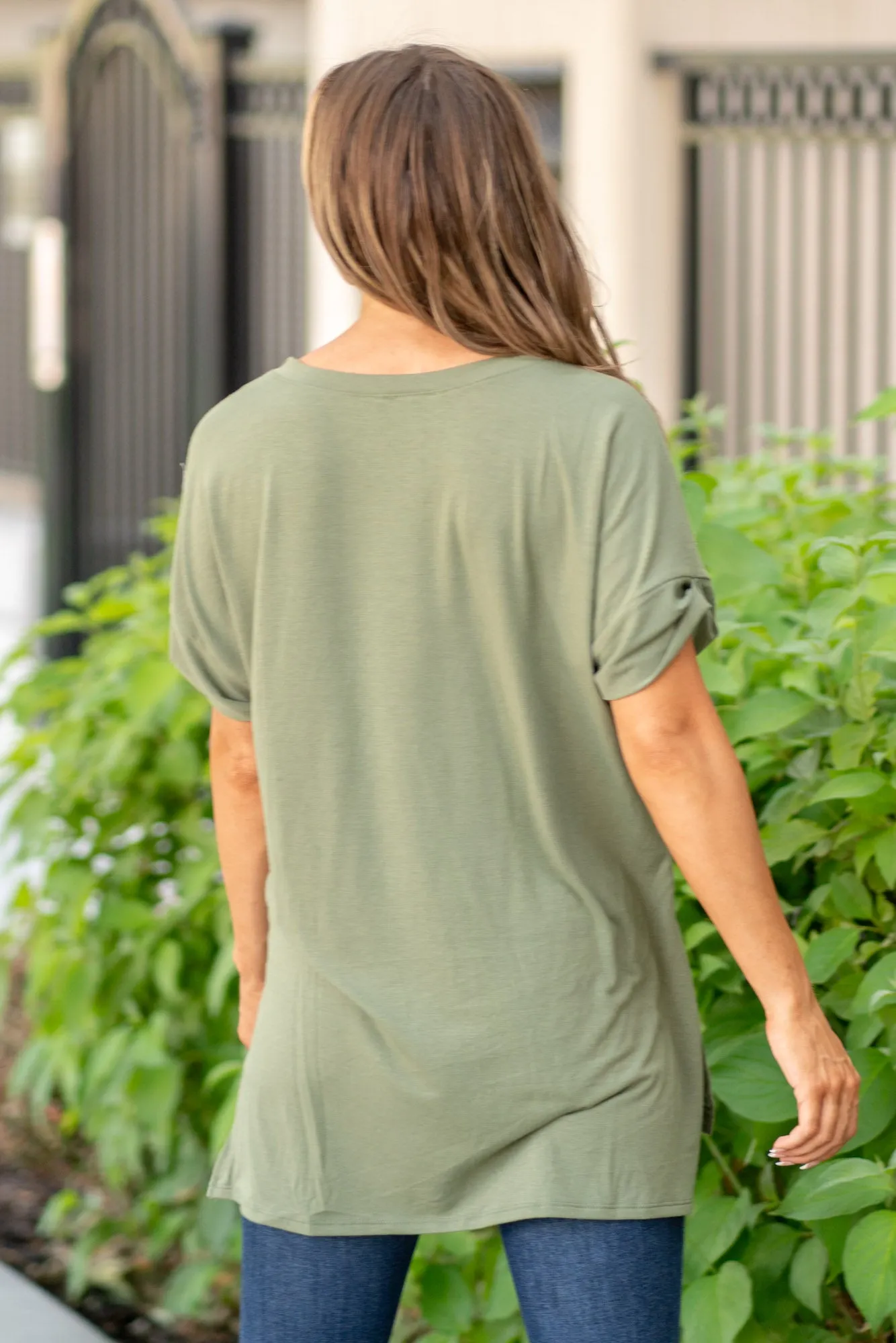 Super Soft Tee High Low Hem V Neck Top - Lt Olive