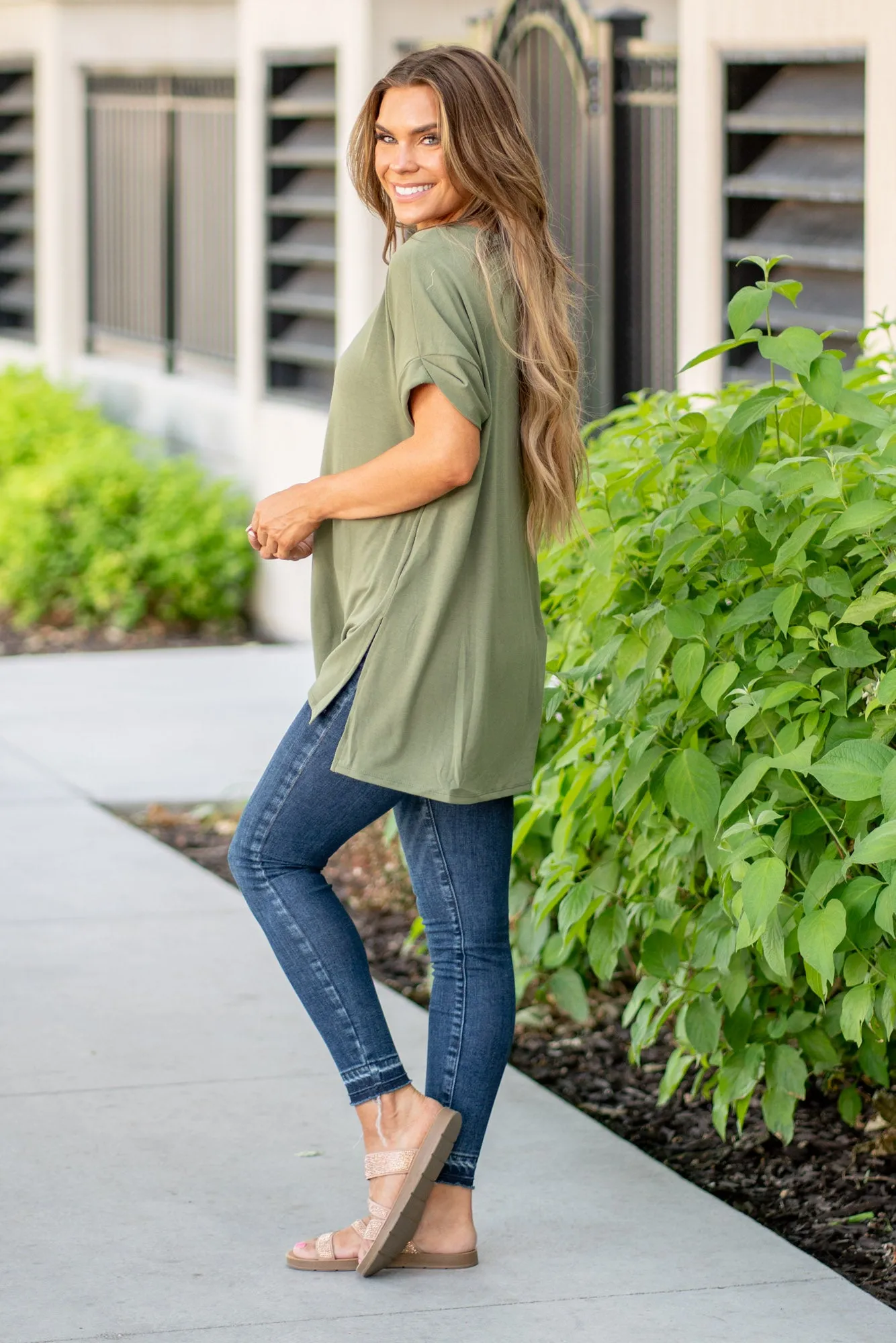 Super Soft Tee High Low Hem V Neck Top - Lt Olive