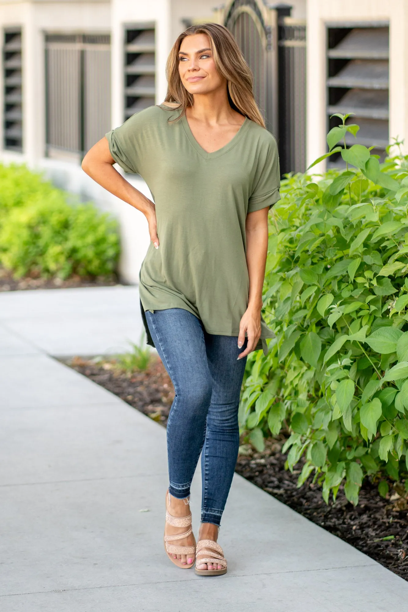 Super Soft Tee High Low Hem V Neck Top - Lt Olive