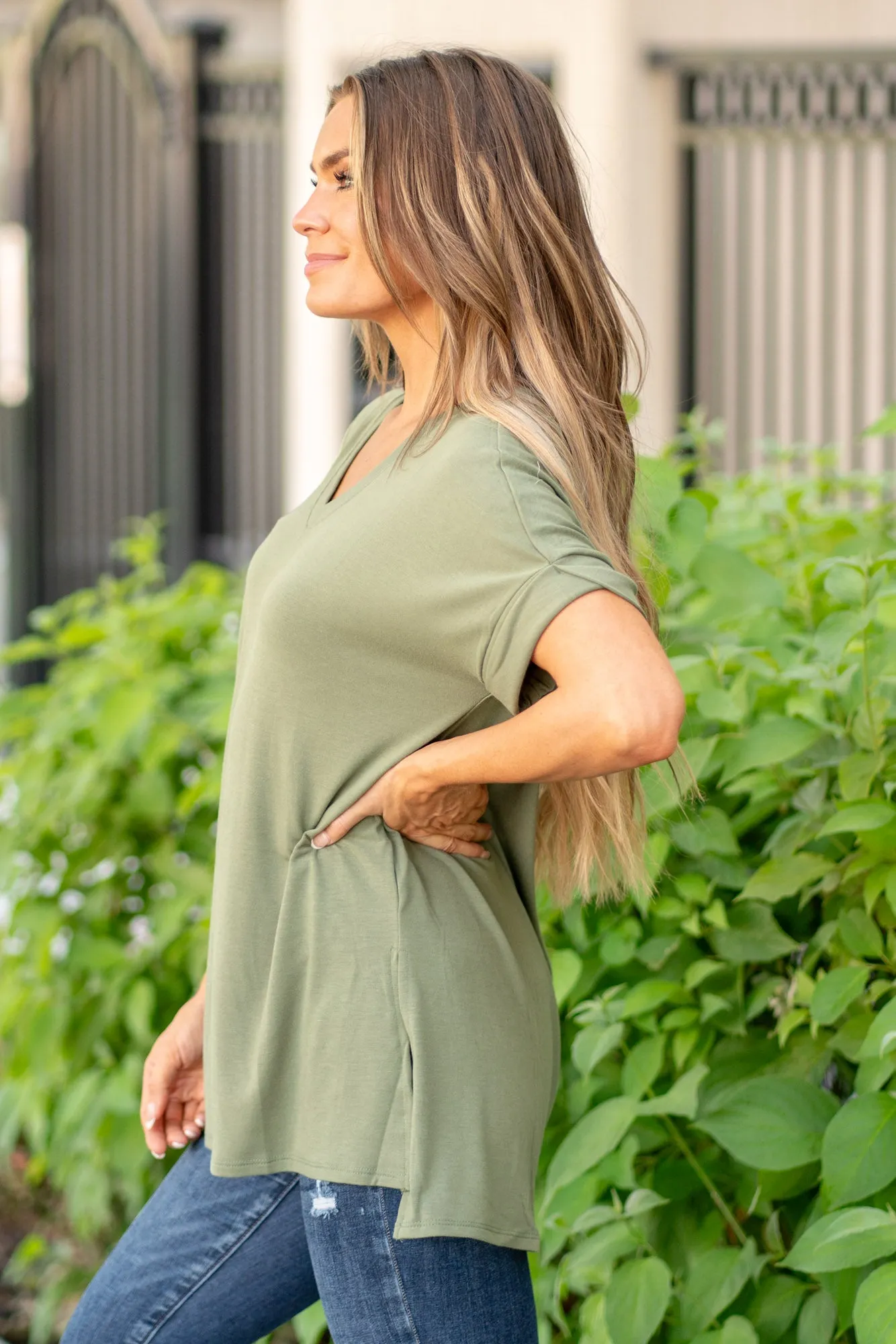 Super Soft Tee High Low Hem V Neck Top - Lt Olive
