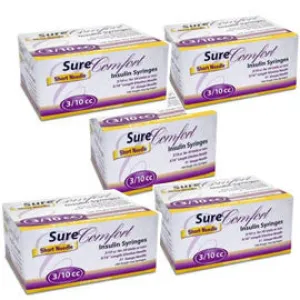 SureComfort U-100 Insulin Syringes Short Needle 31g 3/10cc 5/16in 100/bx Case of 5