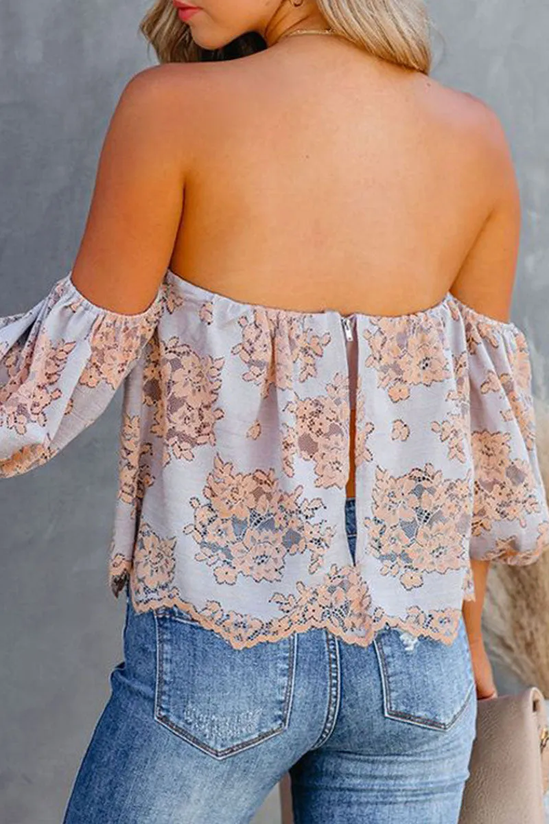 Sweet Print Split Joint Off the Shoulder Tops