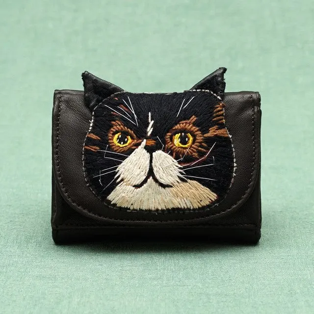 TAMAO WORLD Sheep Leather Embroidery Cat Mini Wallet Black Cat Dark Brown