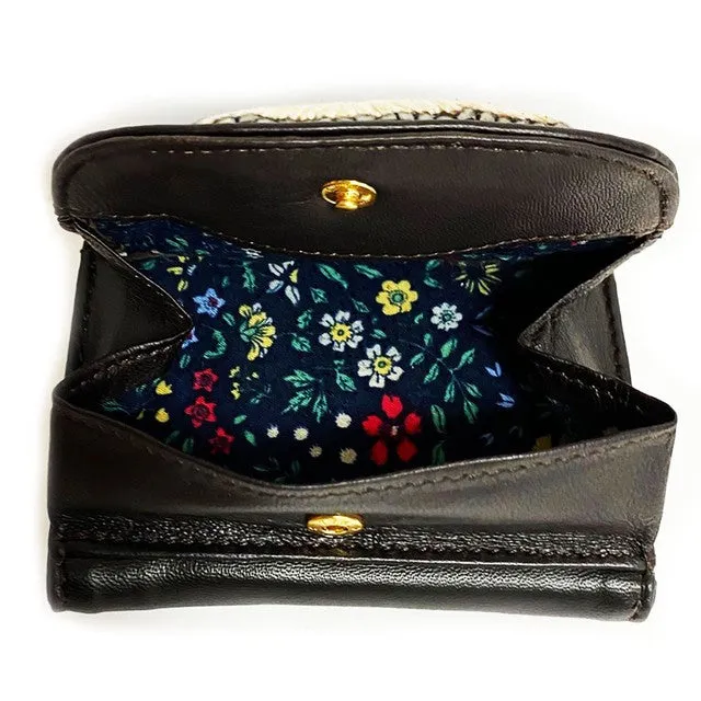 TAMAO WORLD Sheep Leather Embroidery Cat Mini Wallet Black Cat Dark Brown