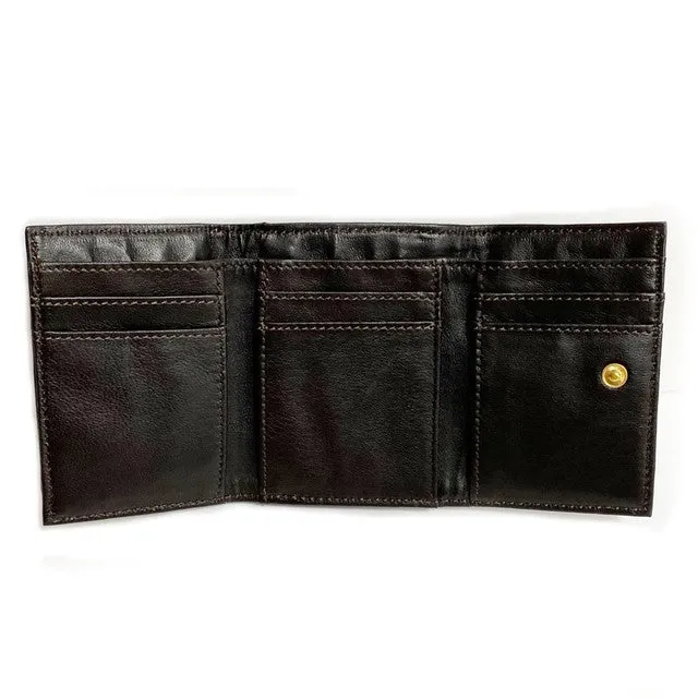 TAMAO WORLD Sheep Leather Embroidery Cat Mini Wallet Black Cat Dark Brown
