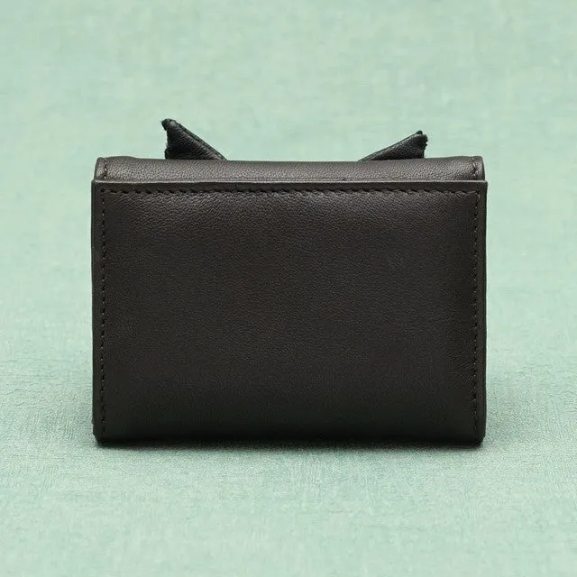 TAMAO WORLD Sheep Leather Embroidery Cat Mini Wallet Black Cat Dark Brown
