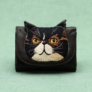 TAMAO WORLD Sheep Leather Embroidery Cat Mini Wallet Black Cat Dark Brown