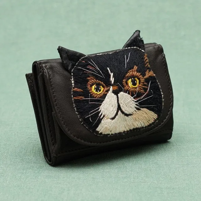 TAMAO WORLD Sheep Leather Embroidery Cat Mini Wallet Black Cat Dark Brown
