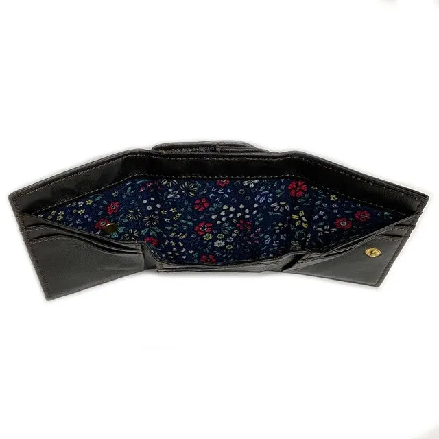 TAMAO WORLD Sheep Leather Embroidery Cat Mini Wallet Black Cat Dark Brown