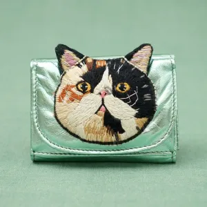 TAMAO WORLD Sheep Leather Embroidery Cat Mini Wallet Calico Cat Metallic Green