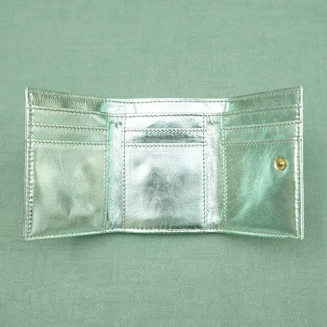 TAMAO WORLD Sheep Leather Embroidery Cat Mini Wallet Calico Cat Metallic Green