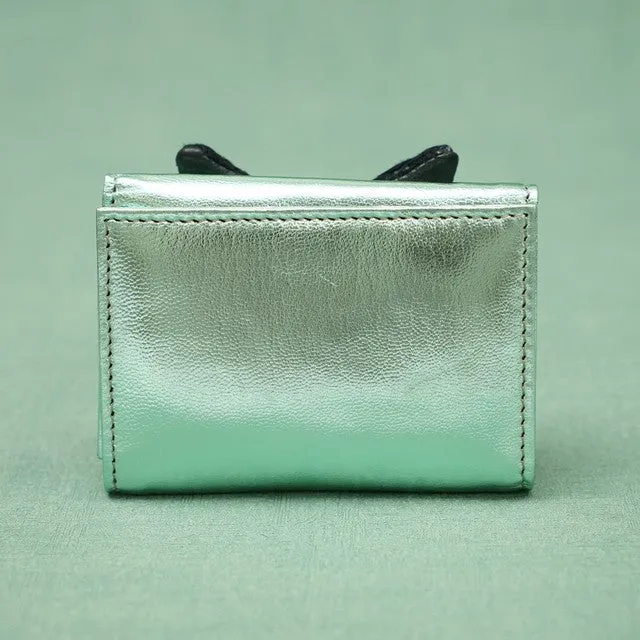 TAMAO WORLD Sheep Leather Embroidery Cat Mini Wallet Calico Cat Metallic Green