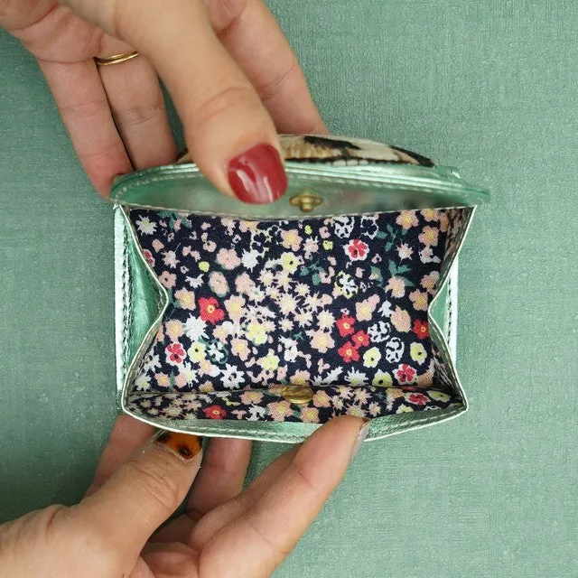 TAMAO WORLD Sheep Leather Embroidery Cat Mini Wallet Calico Cat Metallic Green