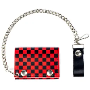 TC261-4  Checkered Tri-Fold Wallet w/ Chain- Red & Black
