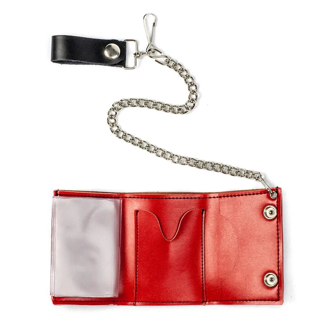 TC261-4  Checkered Tri-Fold Wallet w/ Chain- Red & Black