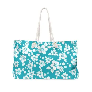 Teal Blue Hibiscus Pattern Hawaiian Style Weekender Bag For Shopping, Traveling, Oversized Tote With Rope Handles