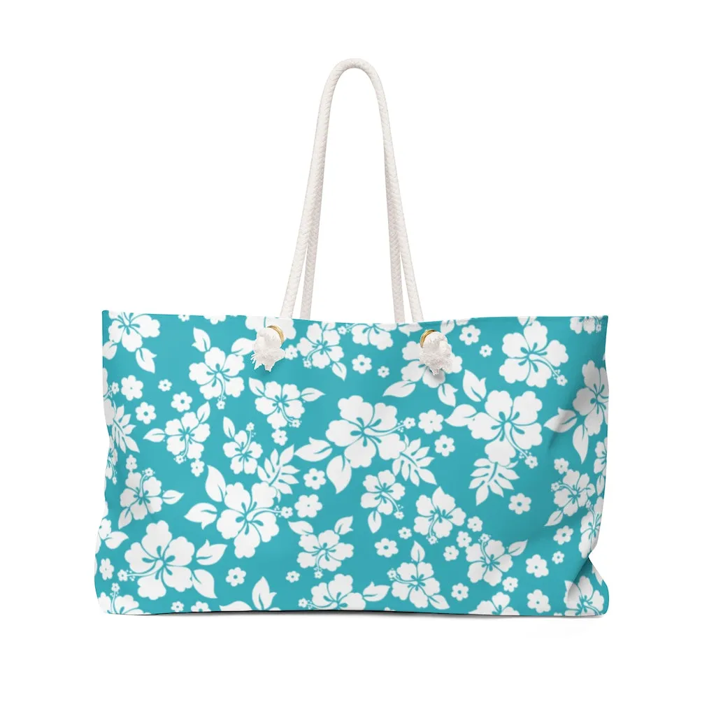 Teal Blue Hibiscus Pattern Hawaiian Style Weekender Bag For Shopping, Traveling, Oversized Tote With Rope Handles