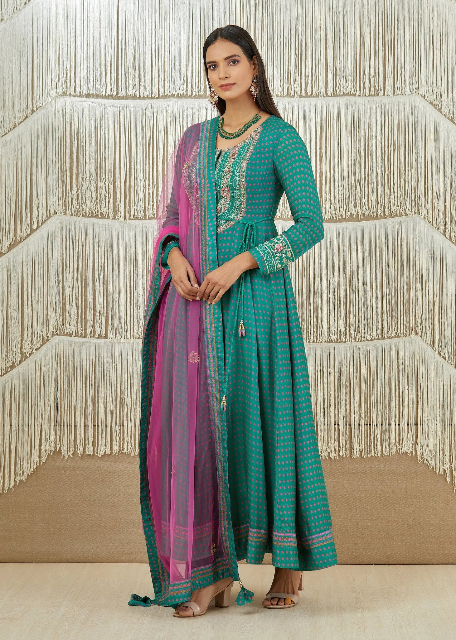 Teal Pink Embroidered Anarkali Set