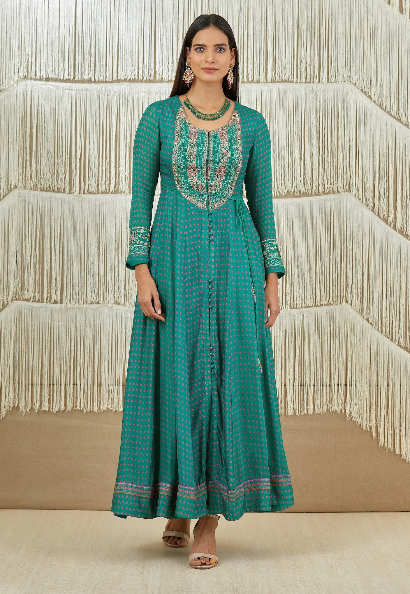 Teal Pink Embroidered Anarkali Set