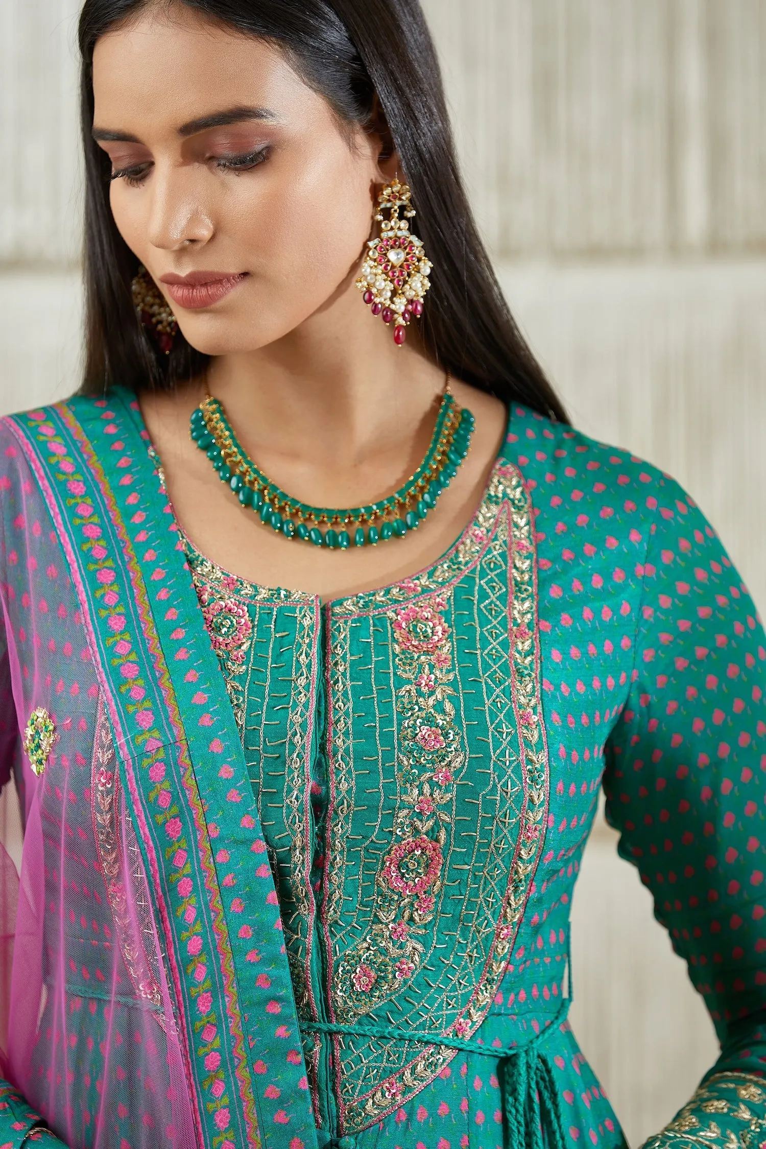 Teal Pink Embroidered Anarkali Set