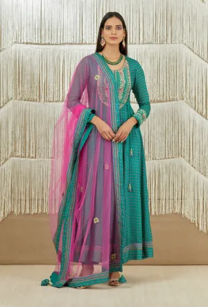 Teal Pink Embroidered Anarkali Set
