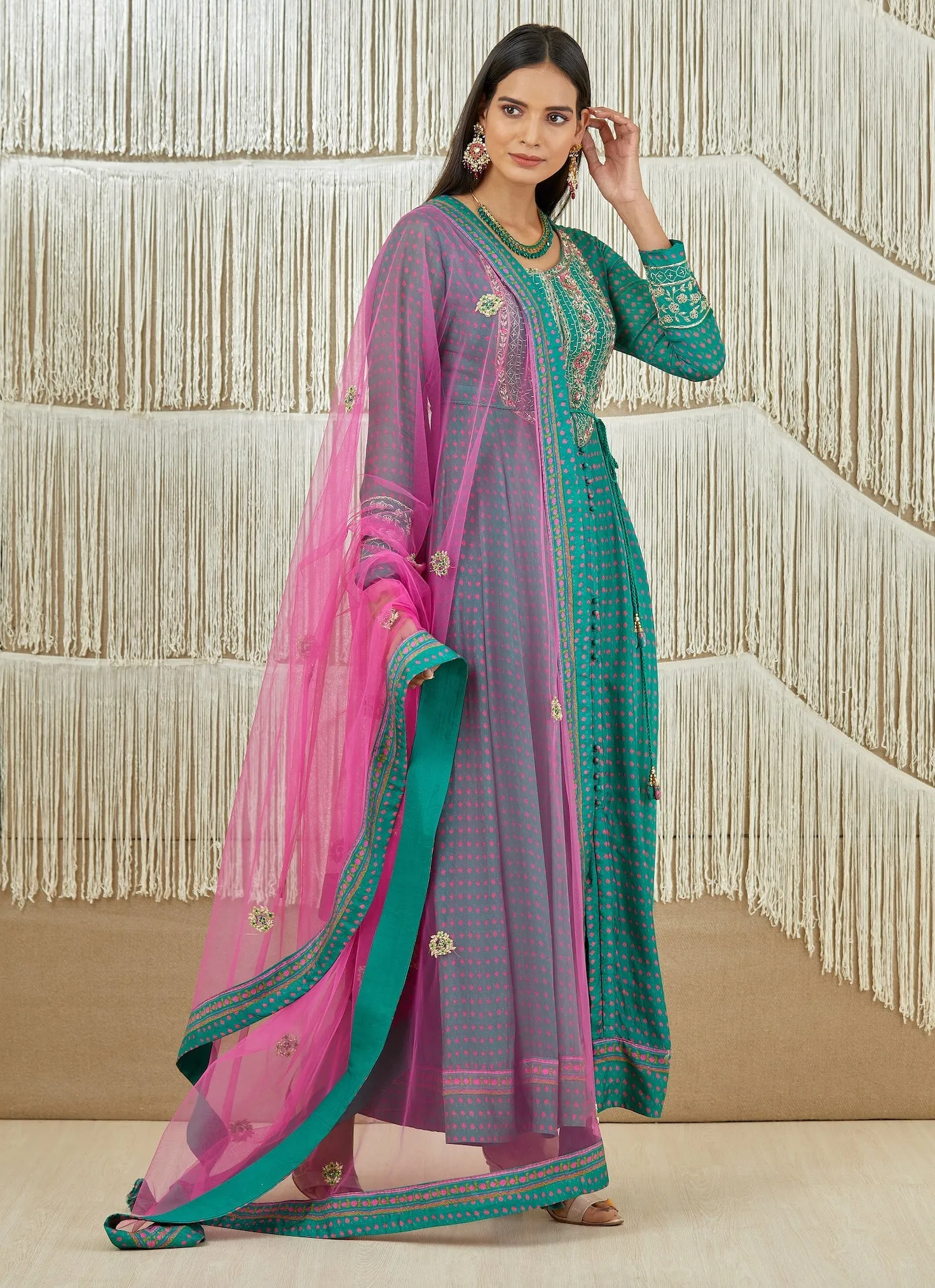 Teal Pink Embroidered Anarkali Set