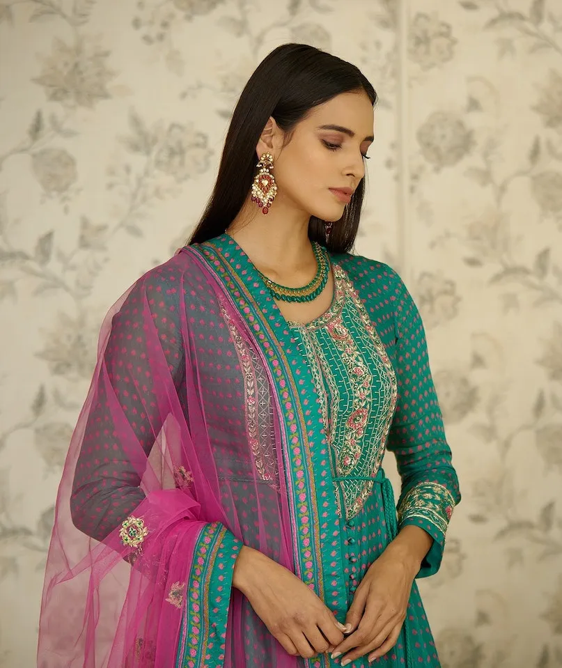 Teal Pink Embroidered Anarkali Set