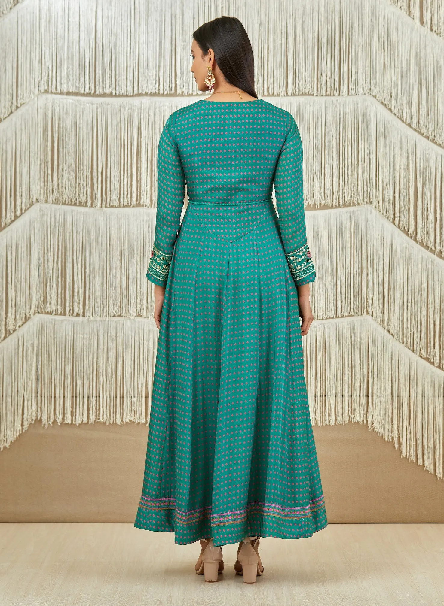 Teal Pink Embroidered Anarkali Set