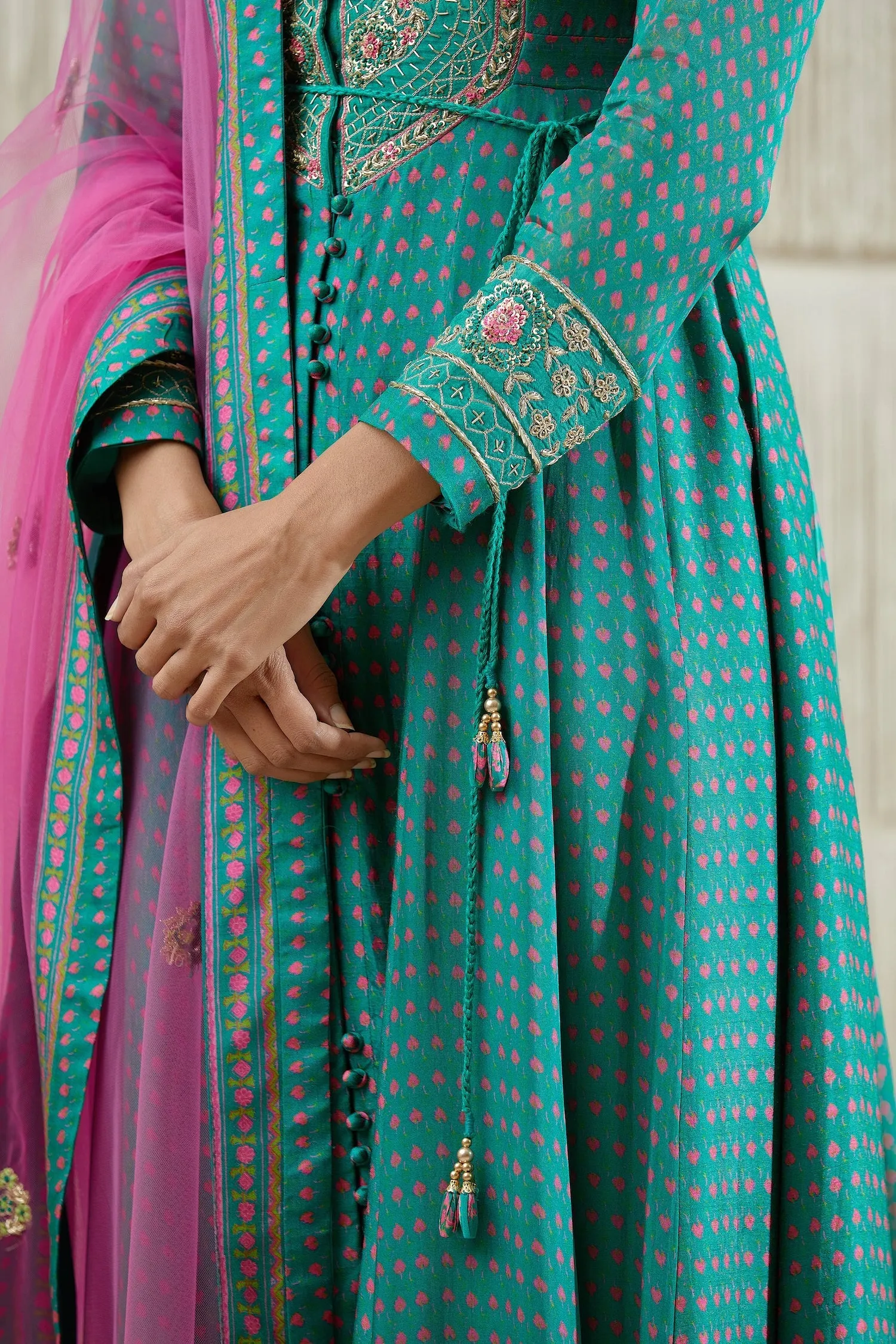 Teal Pink Embroidered Anarkali Set