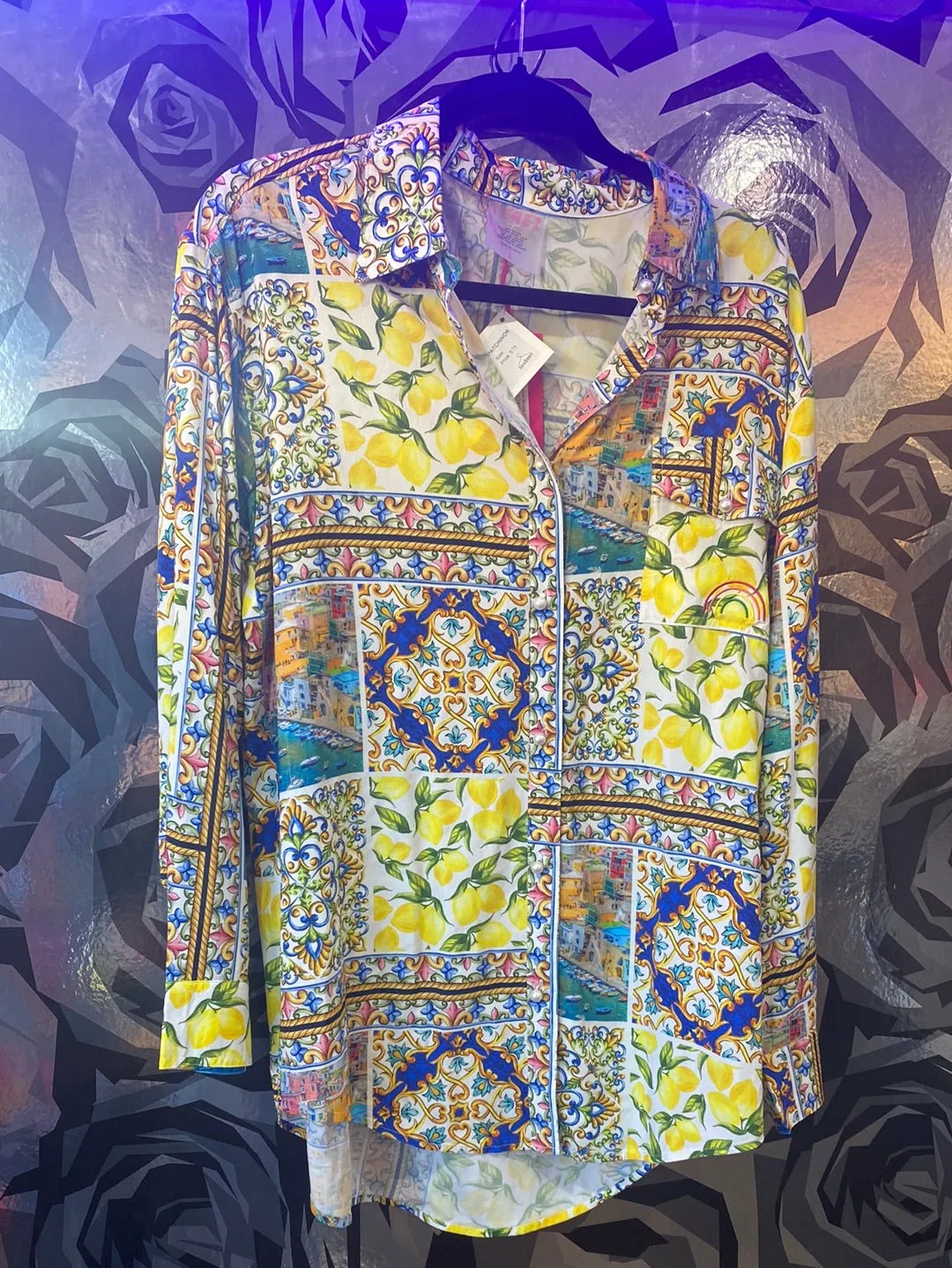TEREZ NY Long Sleeve Lemon 'AMALFI PATCHWORK' Button Down Blouse