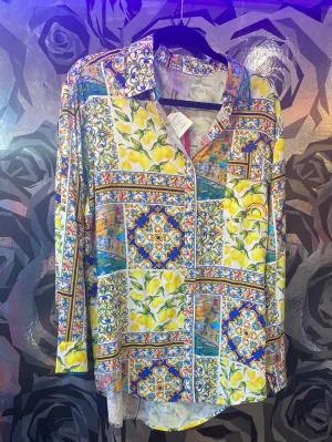 TEREZ NY Long Sleeve Lemon 'AMALFI PATCHWORK' Button Down Blouse