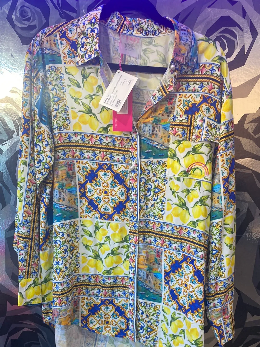 TEREZ NY Long Sleeve Lemon 'AMALFI PATCHWORK' Button Down Blouse